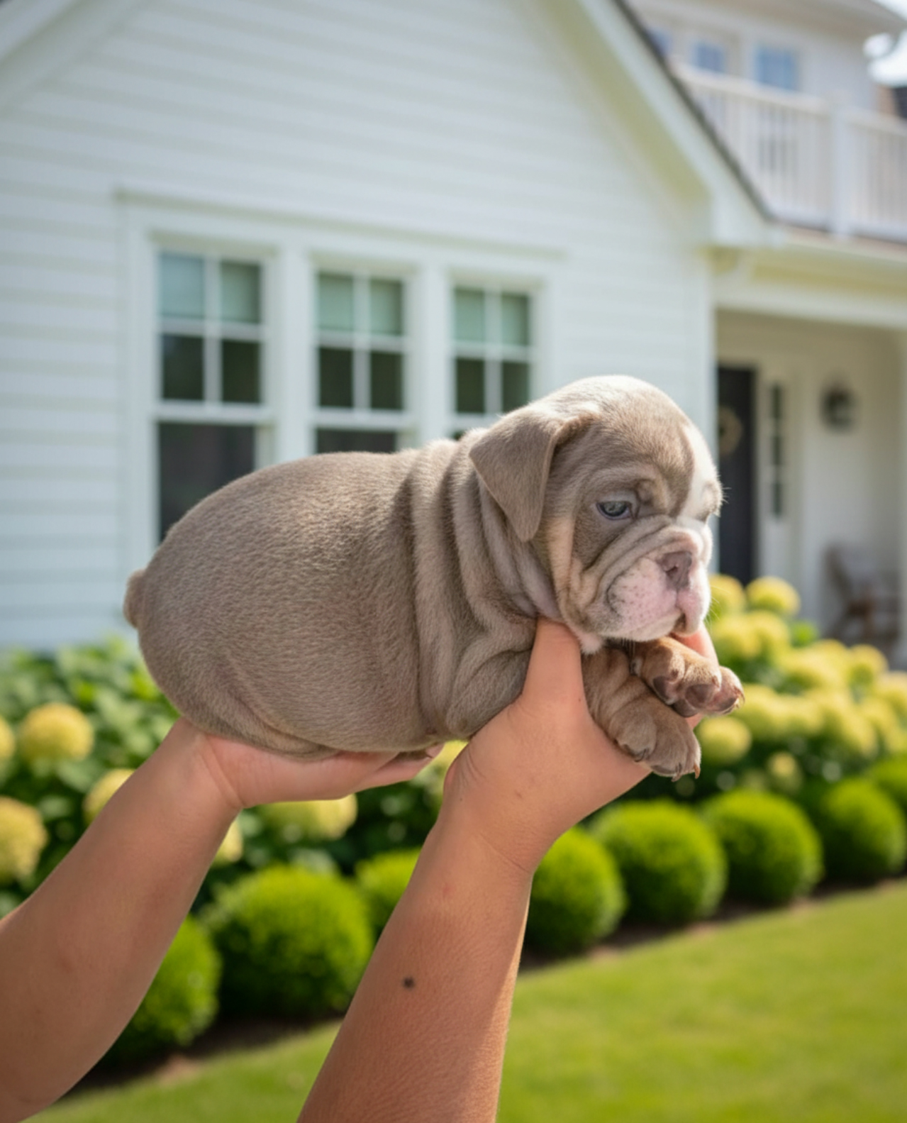 Family meeting their British Bulldog puppy